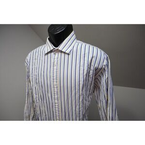 TM Lewin Dress Shirt Mens 17.5-36 XL Blue Yellow Stripe Luxury Slim Fit EUC